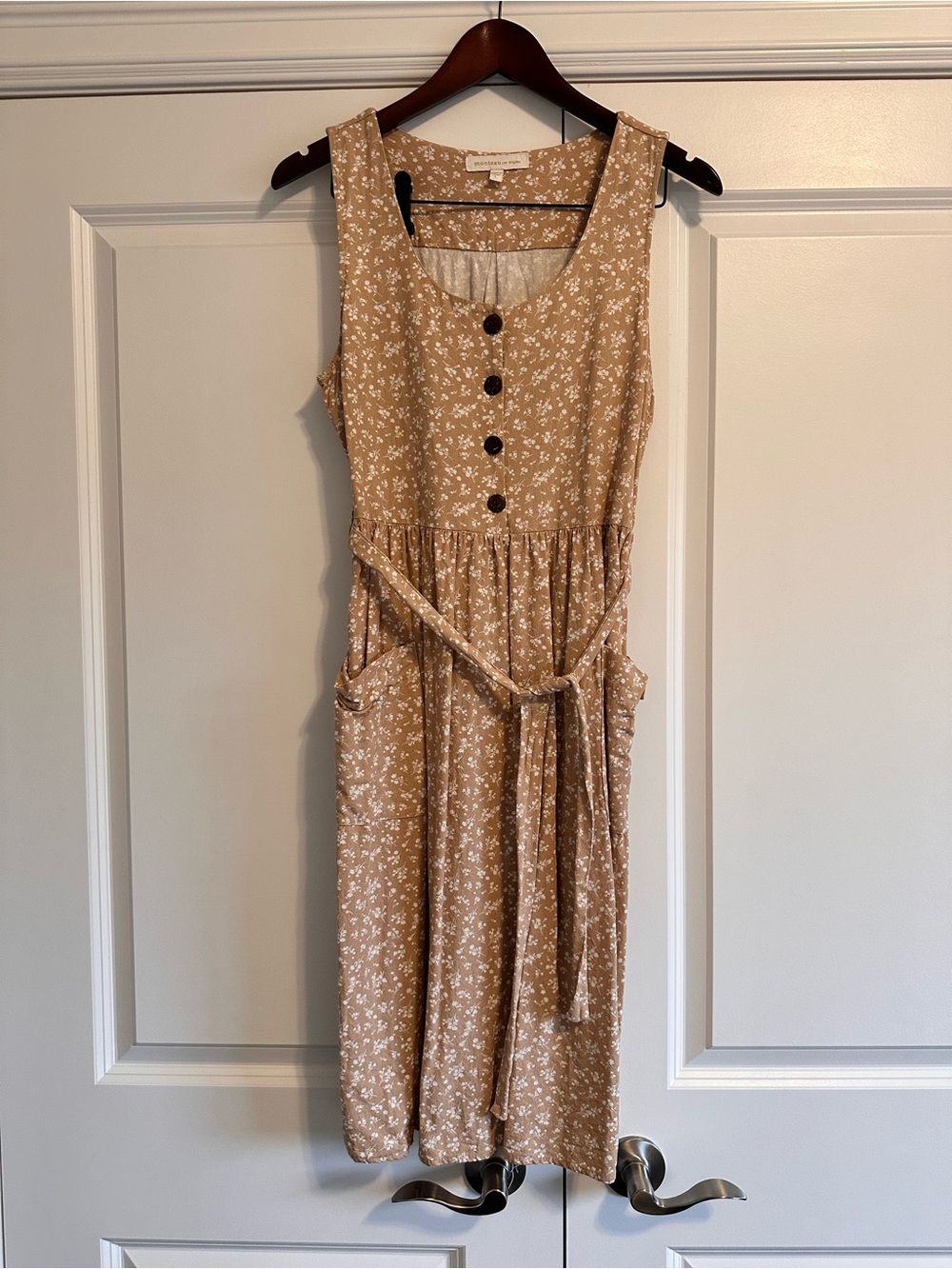 Monteau Tan Floral Button-Front Midi Dress with Tie Waist